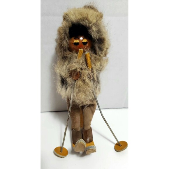 Vintage Polish Skier Doll Real Fur Hood Hand Painted Face Leather Suede - Picture 2 of 16
